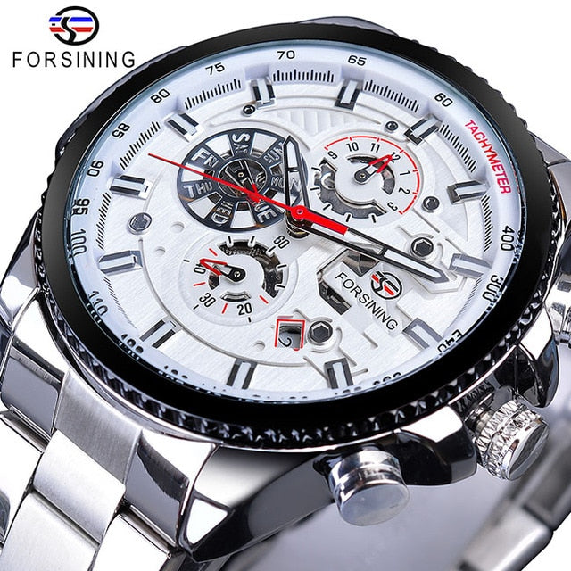 Forsining Blue Ocean Design Silver Steel 3 Dial Calendar Display Mens Automatic Mechanical Sport Wrist Watches Top Brand Luxury