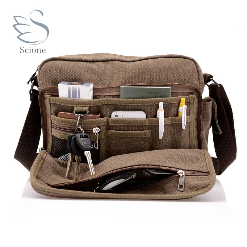 Scione Canvas Multifunction Messenger Shoulder Bag Solid Briefcases Suitcase Card Pocket For Men Women Office Outdoor Travel Bag