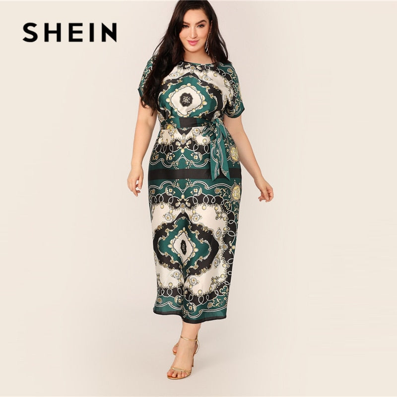 SHEIN Plus Size Green Scarf Print Self Belted A Line Dress 2019 Women Summer Classy Maxi High Waist Sheath Long Dresses