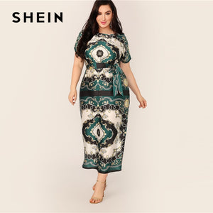 SHEIN Plus Size Green Scarf Print Self Belted A Line Dress 2019 Women Summer Classy Maxi High Waist Sheath Long Dresses