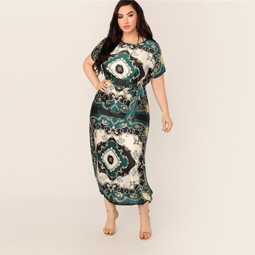 SHEIN Plus Size Green Scarf Print Self Belted A Line Dress 2019 Women Summer Classy Maxi High Waist Sheath Long Dresses