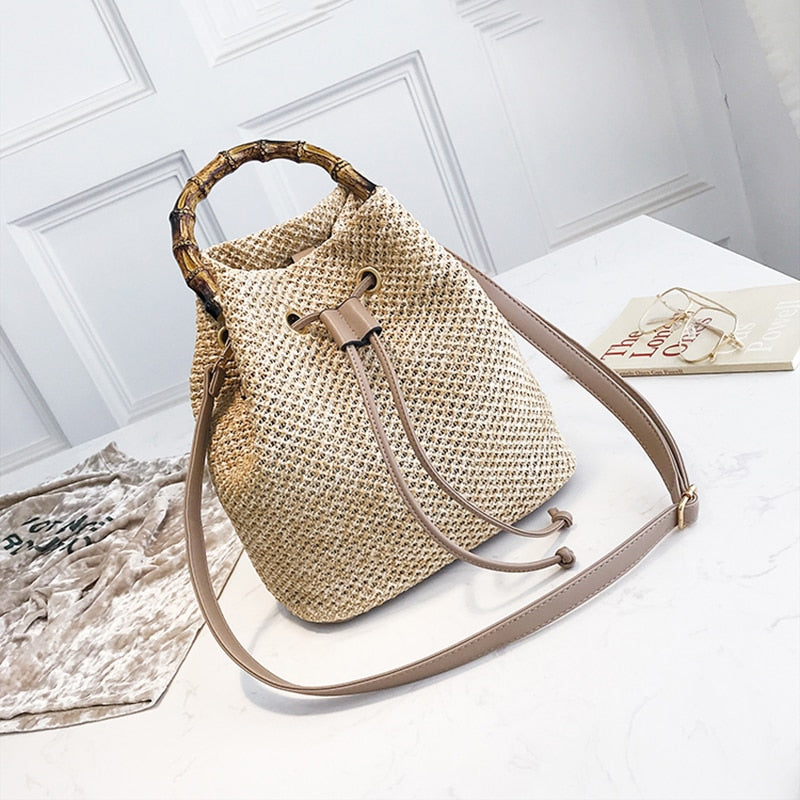 Drawstring Women's Straw Bucket Bag Summer Woven Shoulder Bags Shopping Purse Beach Handbag Straw Handbags Travel Bag