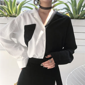 Chic Shirts Women Streetwear Harajuku Black White Contrast Vintage Shirt Female Long-sleeve Spring Hong Kong Style Blouses 2019