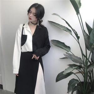 Chic Shirts Women Streetwear Harajuku Black White Contrast Vintage Shirt Female Long-sleeve Spring Hong Kong Style Blouses 2019