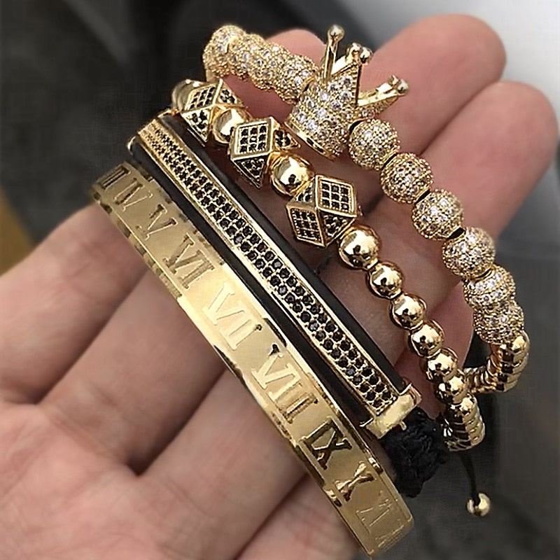 Hot Sale Classical Handmade Braiding Bracelet Gold Hip Hop Men Pave CZ Zircon Crown Roman Numeral Bracelet  Luxury Jewelry