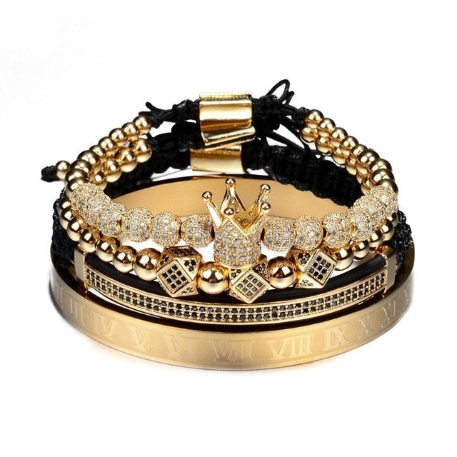 Hot Sale Classical Handmade Braiding Bracelet Gold Hip Hop Men Pave CZ Zircon Crown Roman Numeral Bracelet  Luxury Jewelry