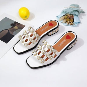 Summer new mid heels Slippers women Slippers Sandals women Indoor Outdoor Pearl Flip-flops Beach Shoes women Sandals mujer #982