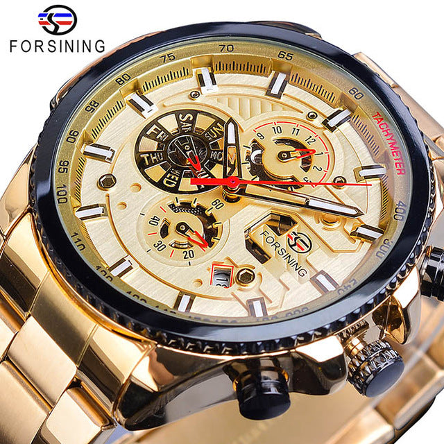 Forsining Three Dial Calendar Display Black Stainless Steel Men Automatic Wrist Watch Top Brand Luxury Military Sport Male Clock