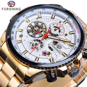 Forsining Three Dial Calendar Display Black Stainless Steel Men Automatic Wrist Watch Top Brand Luxury Military Sport Male Clock