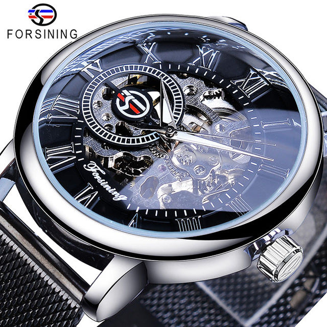 Forsining Transparent Case 2017 Fashion 3D Logo Engraving Golden Stainless Steel Men Mechanical Watch Top Brand Luxury Skeleton