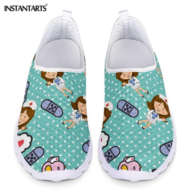 INSTANTARTS New Cartoon Nurse Doctor Print Women Sneakers Slip On Light Mesh Shoes Summer Breathable Flats Shoes Zapatos planos