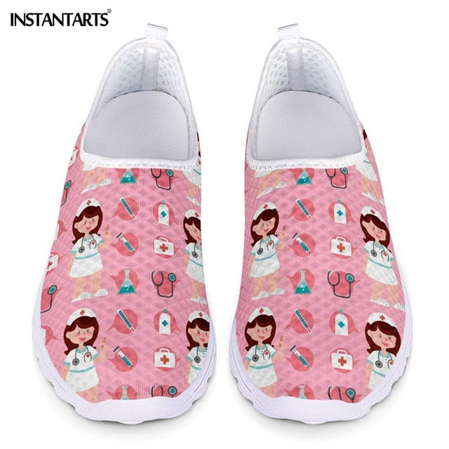 INSTANTARTS New Cartoon Nurse Doctor Print Women Sneakers Slip On Light Mesh Shoes Summer Breathable Flats Shoes Zapatos planos