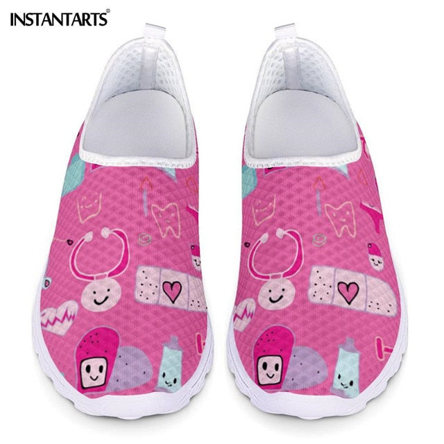 INSTANTARTS New Cartoon Nurse Doctor Print Women Sneakers Slip On Light Mesh Shoes Summer Breathable Flats Shoes Zapatos planos