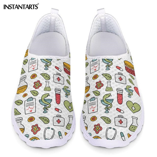 INSTANTARTS New Cartoon Nurse Doctor Print Women Sneakers Slip On Light Mesh Shoes Summer Breathable Flats Shoes Zapatos planos