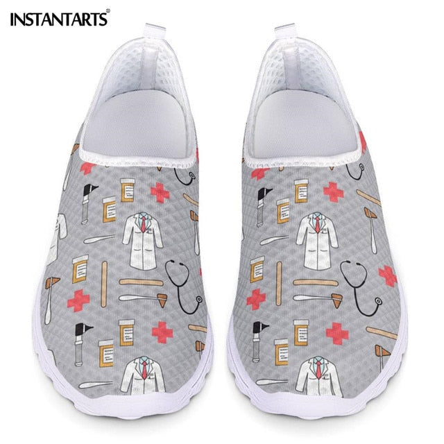 INSTANTARTS New Cartoon Nurse Doctor Print Women Sneakers Slip On Light Mesh Shoes Summer Breathable Flats Shoes Zapatos planos