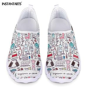 INSTANTARTS New Cartoon Nurse Doctor Print Women Sneakers Slip On Light Mesh Shoes Summer Breathable Flats Shoes Zapatos planos