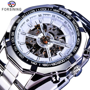 Forsining 2017 Silver Stainless Steel Waterproof Mens Skeleton Watches Top Brand Luxury Transparent Mechanical Male Wrist Watch