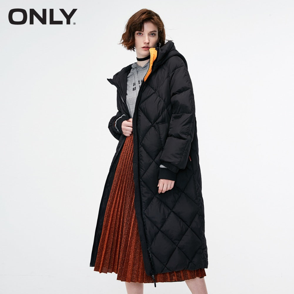 ONLY  Women's Letter Print Zip Long Hooded Down Jacket |118312536