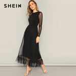 SHEIN Fit And Flare Mesh Overlay Ruffle Hem Dress Women Casual 2019 Summer Round Neck Long Sleeve High Waist Dresses