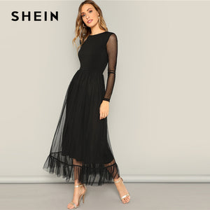 SHEIN Fit And Flare Mesh Overlay Ruffle Hem Dress Women Casual 2019 Summer Round Neck Long Sleeve High Waist Dresses