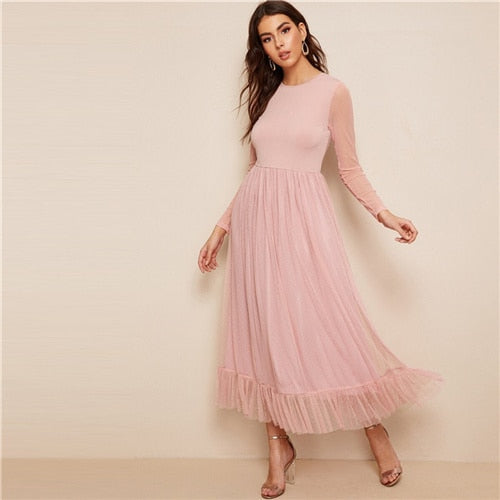 SHEIN Fit And Flare Mesh Overlay Ruffle Hem Dress Women Casual 2019 Summer Round Neck Long Sleeve High Waist Dresses