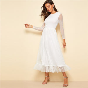 SHEIN Fit And Flare Mesh Overlay Ruffle Hem Dress Women Casual 2019 Summer Round Neck Long Sleeve High Waist Dresses