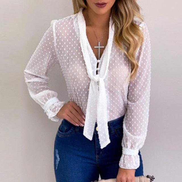 Fashion Women Long Sleeve Shirt Slightly Transparent Shirts Autumn V-neck Tops Blouses Plus Size