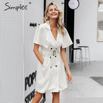 Simplee Solid ruffled sleeve women blazer dress Elegant sash belt office ladies trench dress V-neck shawl party dress vestidos