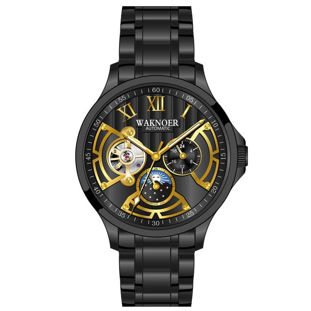 WAKNOER Men Mechanical Watch Waterproof Moon Phase Luminous Luxury Automatic Watch Skeleton Business Tourbillon Reloj 2019