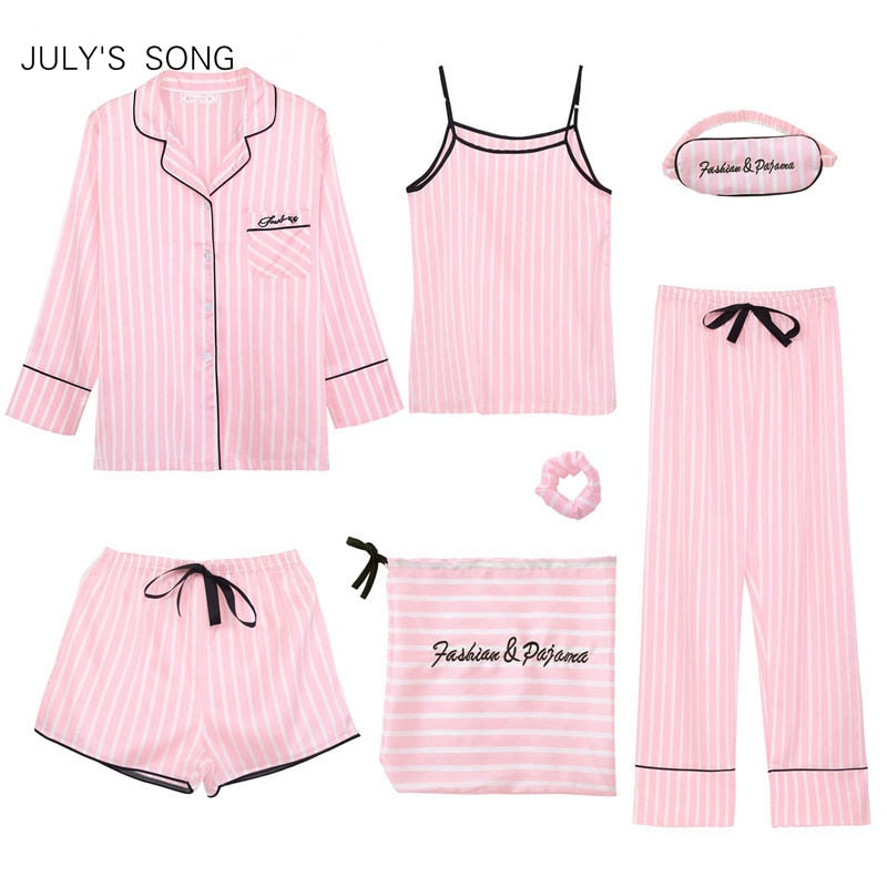 JULY'S SONG Pink Women's 7 Pieces Pajamas Sets Emulation Silk Striped Pajamas Women Sleepwear Sets Spring Summer Autumn Homewear