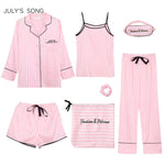 JULY'S SONG Pink Women's 7 Pieces Pajamas Sets Emulation Silk Striped Pajamas Women Sleepwear Sets Spring Summer Autumn Homewear