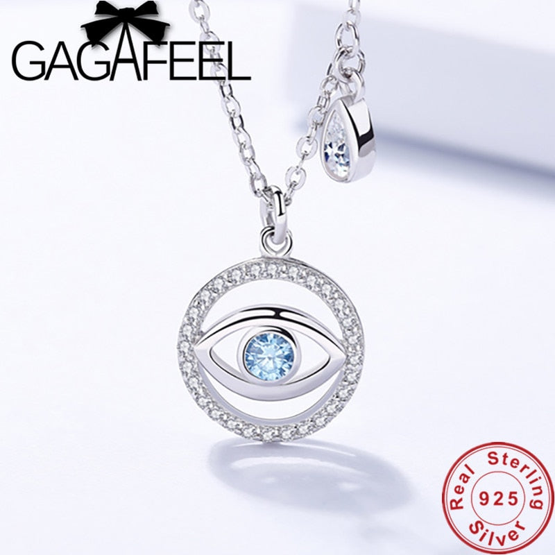 GAGAFEEL 925 Sterling Silver Blue Eyes Necklace Chains Crystal Round Whole Sale Pendant for Women Classic Jewelry Accessories