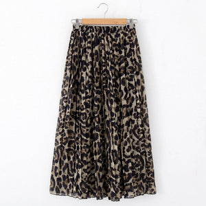 Stinlicher Fashion Women Summer Beach Leopard Casual Chiffon Max Skirt Pleated Long Skirt Ladies Elastic Waist Long Skirt