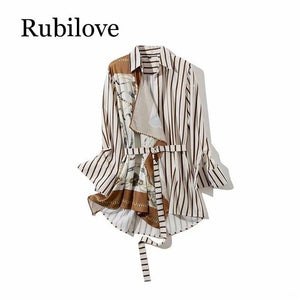 Rubilove 2019 New Spring Fashion Women Clothing Printing Split Joint Striped Patchwork Shirt Blouse Female Vestido