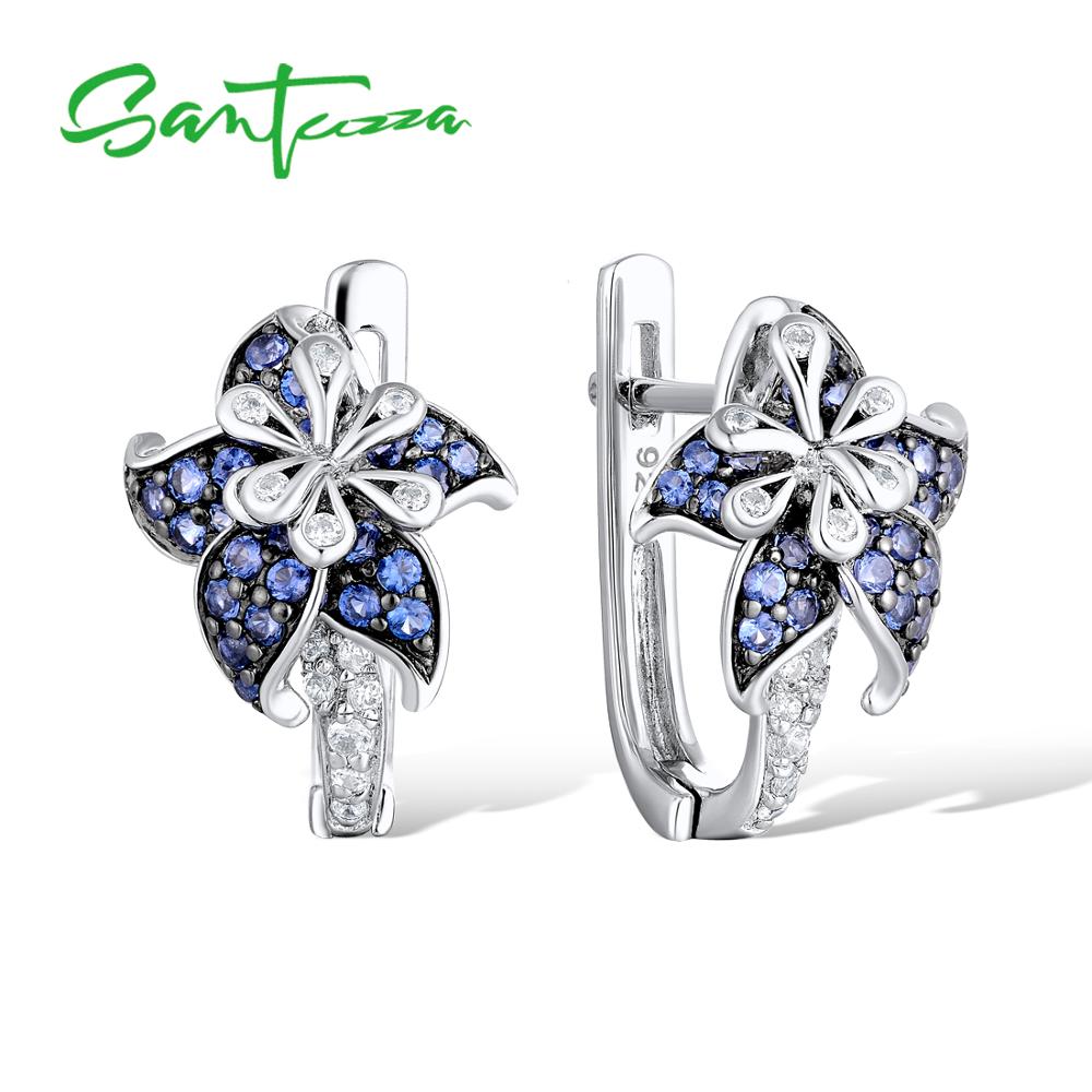 SANTUZZA Silver Earrings For Woman Pure 925 Sterling Silver Blue Star Flower Cubic Zirconia серьги женские Fashion Jewelry