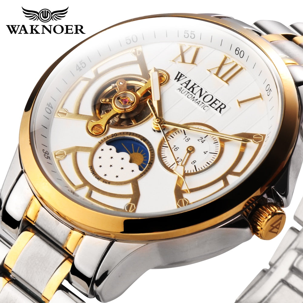 WAKNOER Men Mechanical Watch Waterproof Moon Phase Luminous Luxury Automatic Watch Skeleton Business Tourbillon Reloj 2019