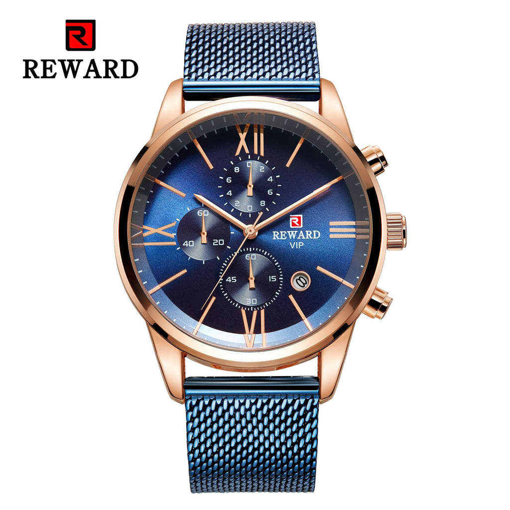 Mens Blue Stainless Steel Mesh Band Quartz Watches Business Chronograph Sport Wristwatch Waterproof Male Clock Relogio Masculino