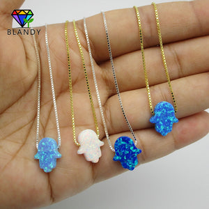 Free Shipping 4 Colors Fashion 925 Silver Chain Hand Opal Hamsa Necklace OP27 Dark Blue Fatima Hand 11x13mm Opal Silver Jewelry