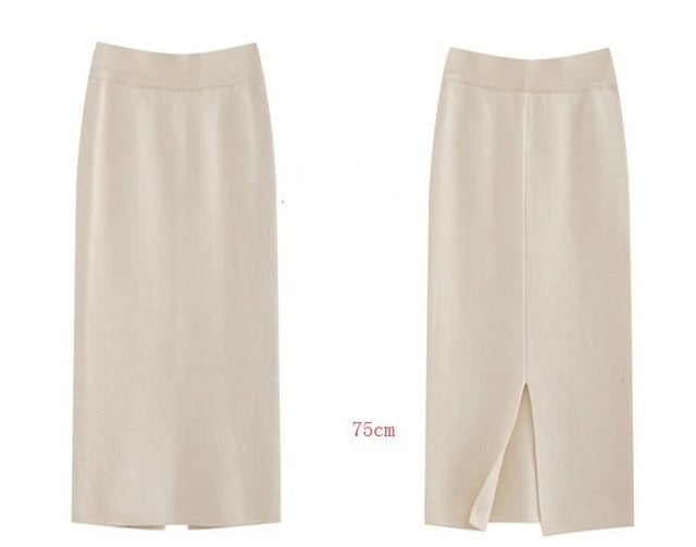 Winter Thickening Wool Blend Split Mid Knitted Skirt Cashmere Warm Hip Slim Mid-calf Knit Skirts 2 Length 4 Colors