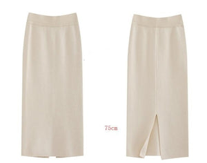 Winter Thickening Wool Blend Split Mid Knitted Skirt Cashmere Warm Hip Slim Mid-calf Knit Skirts 2 Length 4 Colors