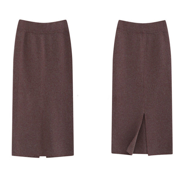 Winter Thickening Wool Blend Split Mid Knitted Skirt Cashmere Warm Hip Slim Mid-calf Knit Skirts 2 Length 4 Colors
