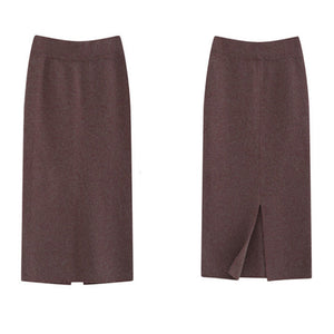 Winter Thickening Wool Blend Split Mid Knitted Skirt Cashmere Warm Hip Slim Mid-calf Knit Skirts 2 Length 4 Colors