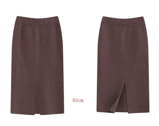 Winter Thickening Wool Blend Split Mid Knitted Skirt Cashmere Warm Hip Slim Mid-calf Knit Skirts 2 Length 4 Colors