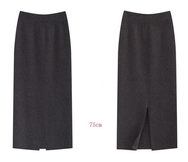 Winter Thickening Wool Blend Split Mid Knitted Skirt Cashmere Warm Hip Slim Mid-calf Knit Skirts 2 Length 4 Colors