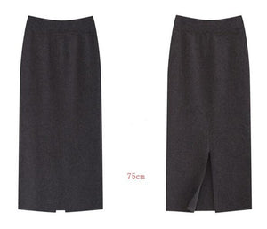 Winter Thickening Wool Blend Split Mid Knitted Skirt Cashmere Warm Hip Slim Mid-calf Knit Skirts 2 Length 4 Colors