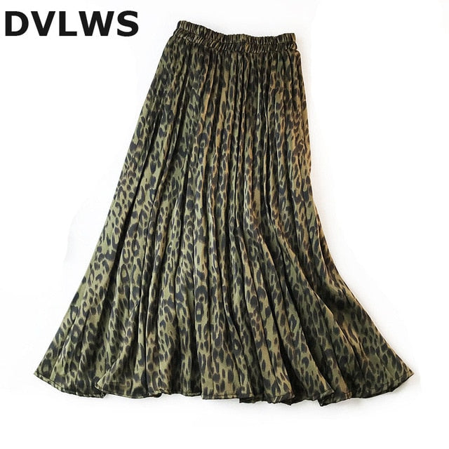 DVLWS Leopard Print Skirts Autumn Stain Pleated Skirts Women za 2019 Saia Jupe Longue 3 Colors Avaliable Army Green Pink Khaki