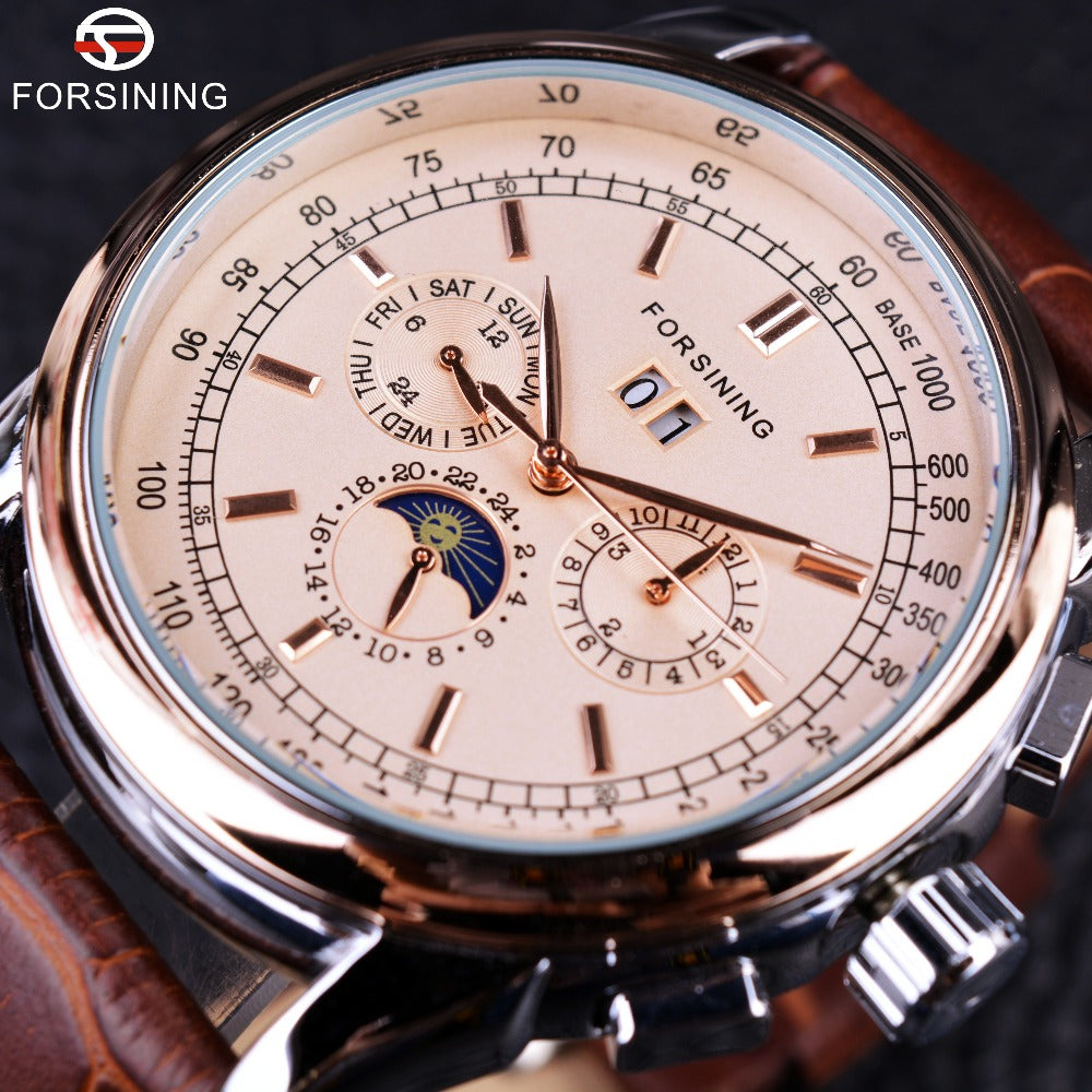 Forsining Moon Phase Shanghai Movement Rose Gold Case Brown Genuine Leather Strap Mens Watches Top Brand Luxury Auotmatic Watch