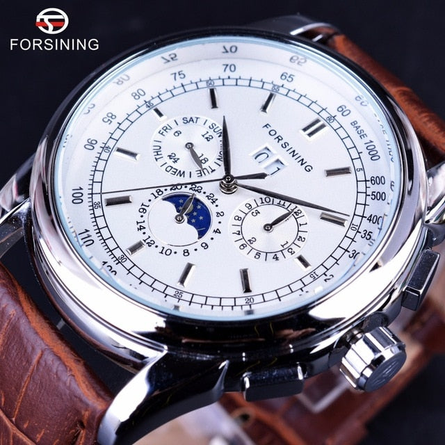 Forsining Moon Phase Shanghai Movement Rose Gold Case Brown Genuine Leather Strap Mens Watches Top Brand Luxury Auotmatic Watch