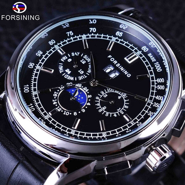 Forsining Moon Phase Shanghai Movement Rose Gold Case Brown Genuine Leather Strap Mens Watches Top Brand Luxury Auotmatic Watch