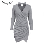 Simplee Sexy halter v neck winter sweater dress women Ruched long sleeve black bodycon dress female Chic party dress autumn 2017